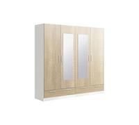 Armoire / placard de rangement de 4 portes avec miroirs + 2 tiroirs coloris Blanc / Chene Cambrian -longueur 202 x profondeur 51 x hauteur 200 cm --