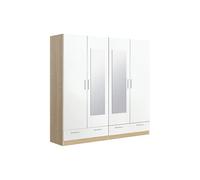 Armoire / placard de rangement de 4 portes avec miroirs + 2 tiroirs coloris Chene Cambrian / Blanc - longueur 202 x profondeur 51 x hauteur 200 cm --