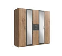Armoire Placard, meuble de rangement avec 2 miroirs coloris Imitation chêne poutre, rechampis graphite - Longueur 225 x Hauteur 208 x Profondeur 58