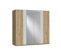 Armoire Placard, meuble de rangement avec 2 miroirs coloris Imitation chêne poutre + verre chrome - Longueur 225 x Hauteur 208 x Profondeur 58 cm -