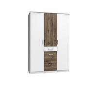 Armoire Placard, meuble de rangement coloris Blanc, rechampis imitation chêne Flagstaff - Longueur 135 x Hauteur 199 x Profondeur 58 cm --