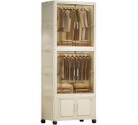 Armoire pliante 2 étagères + 1 compartiment de rangement - Grande armoire portable en plastique avec tringle à vêtements, armoire avec portes magnétiques double et roulettes, dimensions : 65 x 35 x 15