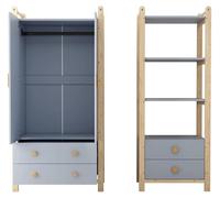 Armoire pliante pour enfants, double porte - Ensemble armoire avec étagère et tiroirs - Bois massif et MDF - Structure en bois de sapin - Couleur bleu naturel