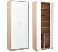 Armoire polyvalente à 8 compartiments, armoire à balais, armoire de ménage en finition mate avec 6 étagères et 2 portes, 74 cm de large en panneau stratifié et poignées en polymère blanc sonoma