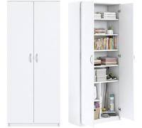 Armoire polyvalente à 8 compartiments, armoire à balais, armoire de ménage en finition mate avec 6 étagères et 2 portes, 74 cm de large en panneau stratifié et poignées en polymère, blanc