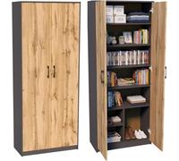 Armoire polyvalente à 8 compartiments, armoire à balais, armoire de ménage en finition mate avec 6 étagères et 2 portes, 74 cm de large en panneau stratifié et poignées en polymère en chêne graphite