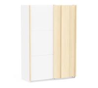 Armoire Portes Coulissantes avec Penderie et Etagères - Décor Blanc et Bois de Chêne - Armoire de Chambre d’Adulte Très Tendance - Made in France