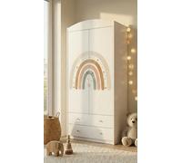 Armoire pour chambre d'enfant blanche, 2 portes et 2 tiroirs, armoire pour enfants avec tringle à vêtements, 88 x 187 cm, arc-en-ciel