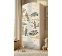 Armoire pour chambre d'enfant blanche, 2 portes et 2 tiroirs, armoire pour enfants avec tringle à vêtements, 88 x 187 cm, autocollants colorés