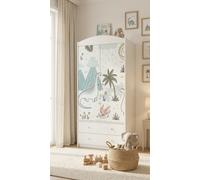 Armoire pour enfant blanche 88 x 187 cm, armoire à vêtements pour enfants, 2 portes et 2 tiroirs avec tringle à vêtements, mobilier de chambre d'enfant, dinosaures