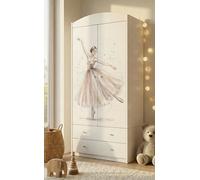 Armoire pour enfant blanche 88 x 187 cm avec 2 tiroirs et une tringle, meuble de chambre d'enfant spacieux, autocollants colorés, cœurs, ballerine