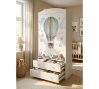 Armoire pour enfant blanche 88 x 187 cm avec 2 tiroirs et une tringle, meuble de chambre d'enfant spacieux, motifs de ballons