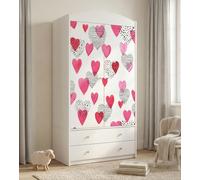 Armoire pour enfant blanche 88 x 187 cm avec 2 tiroirs et une tringle, meuble de chambre d'enfant spacieux, autocollants colorés, cœurs, princesse