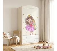 Armoire pour enfant blanche moderne, 2 portes et 2 tiroirs, armoire de chambre d'enfant avec tringle à vêtements, 88 x 187 cm, Rose Princesse