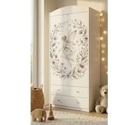 Armoire pour enfant blanche moderne, 2 portes et 2 tiroirs, armoire de chambre d'enfant avec tringle à vêtements, 88 x 187 cm, princesse, magicienne