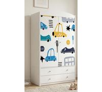 Armoire pour enfant blanche moderne, 2 portes et 2 tiroirs, armoire pour chambre d'enfant avec tringle à vêtements, 88 x 187 cm, voitures
