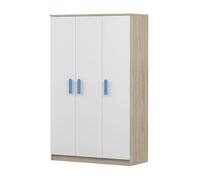 Armoire pour enfants 120 cm - Sonoma/blanc avec poignées bleues, tringle à vêtements & étagères JONAS 19