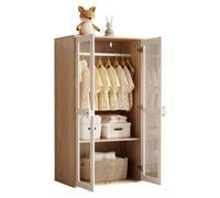 Armoire pour enfants - 2 portes - Tringle à vêtements - Étagères coulissantes - Poignées en bois - Portes en acrylique - 80 x 50 x 150 cm - Blanc + MDF naturel