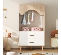 Armoire pour enfants, armoire avec barre de suspension, avec tiroirs, armoire ouverte, poignées en bois massif, fabriquée en panneaux de particules, couleur blanche et bois naturel, dimensions 80x46x1