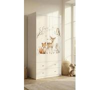 Armoire pour enfants au motif ravissant – Armoire à 2 portes pour chambre d'enfant. 2 tiroirs, tringle à vêtements et étagères, blanche (88 x 187 x 54 cm)
