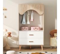 Armoire pour enfants avec barre de suspension et tiroirs – Armoire ouverte, blanche et en bois naturel, dimensions 80 x 46 x 141,5 cm, avec poignées en bois massif, idéale pour les chambres d'enfants