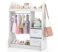 Armoire pour enfants avec miroir et barre de suspension, meuble de rangement pour enfants avec 3 étagères et 2 boîtes pliables en tissu, porte-vêtements pour vêtements et jouets pour chambre d'enfant,