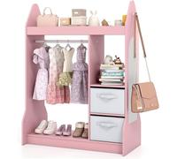 Armoire pour enfants avec miroir et barre de suspension, meuble de rangement pour enfants avec 3 étagères et 2 boîtes pliables en tissu, porte-vêtements pour vêtements et jouets pour chambre d'enfant,