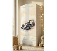 Armoire pour enfants avec un motif ravissant – Armoire à 2 portes pour chambre d'enfant avec 2 tiroirs, tringle à vêtements et étagères, blanche (88 x 187 x 54 cm)