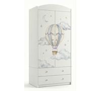 Armoire pour enfants avec un motif ravissant – Armoire à 2 portes pour chambre d'enfant avec 2 tiroirs, tringle à vêtements et étagères, blanche (88 x 187 x 54 cm)