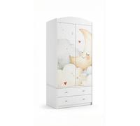 Armoire pour enfants avec un motif ravissant – Armoire à 2 portes pour chambre d'enfant avec 2 tiroirs, tringle à vêtements et étagères, blanche (88 x 187 x 54 cm)