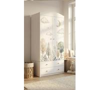 Armoire pour enfants avec un motif ravissant – Armoire à 2 portes pour chambre d'enfant avec 2 tiroirs, tringle à vêtements et étagères, blanche (88 x 187 x 54 cm)