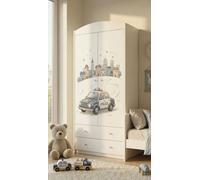 Armoire pour enfants avec un motif ravissant – Armoire à 2 portes pour chambre d'enfant avec 2 tiroirs, tringle à vêtements et étagères, blanche (88 x 187 x 54 cm)
