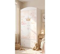 Armoire pour enfants avec un motif ravissant – Armoire à 2 portes pour chambre d'enfant avec 2 tiroirs, tringle à vêtements et étagères, blanche (88 x 187 x 54 cm)