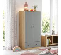 Armoire pour enfants "Beldinupp" avec 2 portes, 1 barre de suspension et 1 tiroir. Dimensions : 123 x 60 x 40 cm. Aspect chêne/gris