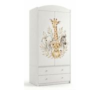 Armoire pour enfants blanche, 2 portes et 2 tiroirs, 88 x 187 cm, armoire pour chambre d'enfant avec tringle, grande armoire, motif Safari