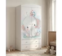 Armoire pour enfants blanche, 2 portes et 2 tiroirs, 88 x 187 cm. Grande armoire pour chambre d'enfant avec tringle, petit éléphant