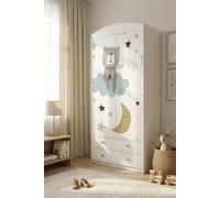 Armoire pour enfants blanche, 2 portes et 2 tiroirs, 88 x 187 cm. Grande armoire pour chambre d'enfant avec tringle, autocollants colorés