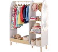 Armoire pour enfants COSTWAY avec éclairage, penderie pour enfants avec miroir, tringle à vêtements, étagères et crochets, portant en bois, 91 x 28 x 110 cm, blanc