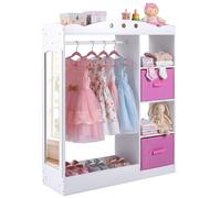 Armoire pour enfants COSTWAY avec miroir, armoire en bois pour enfants avec étagères, barre de suspension et tiroirs en tissu pliables, meuble pour enfants, blanc