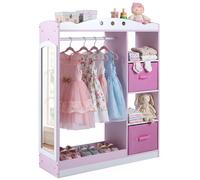 Armoire pour enfants COSTWAY avec miroir, meuble de rangement pour enfants en bois avec étagères ouvertes, barre de suspension et tiroirs en tissu pliables, armoire pour enfants