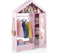 Armoire pour enfants COSTWAY en forme de maison, penderie pour enfants avec miroir, tringle à vêtements, étagères et crochets, armoire pour enfants, pour enfants de 3 ans et plus, rose