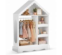 Armoire pour enfants en forme de maison, portant à vêtements pour enfants avec miroir, barre de suspension, étagères, crochets, de couleur blanche