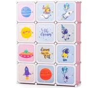 Armoire pour enfants - Étagère modulaire en plastique avec portes - 12 compartiments - 2 tringles à vêtements - Extensible - Rose