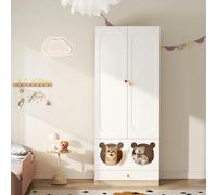 Armoire pour enfants - Garde-robe - 80 x 50 x 200 cm - Barre de suspension - Lit intégré pour chat - Panneau de particules laqué - Poignées en céramique colorée - Blanc et bois naturel