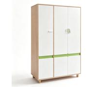 Armoire pour enfants GINGER HOME DINO, modèle à trois portes, avec étagères, barre de suspension et 6 portes, en blanc, vert et bois naturel, dimensions : 120 x 60 x 180 cm