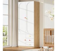 Armoire pour enfants Merax, armoire à 3 portes avec 3 tiroirs, chambre d'enfant, mobilier pour chambre d'enfant, tringle à vêtements, poignées en céramique colorées, blanc