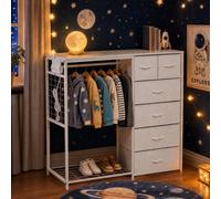 Armoire pour enfants, meuble de rangement pour vêtements avec 6 tiroirs, barre de suspension, prise électrique, portant à vêtements, meubles pour enfants, blanc
