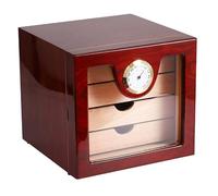 Armoire rangement bois noir brillant hygromètre analogique vitre 3 tiroirs | Boîte de rangement en bois hygromètre numérique vitre tiroirs pour collection décoration bureau(Red)