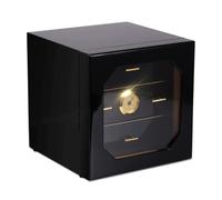 Armoire rangement bois noir brillant hygromètre analogique vitre 3 tiroirs | Boîte de rangement en bois hygromètre numérique vitre tiroirs pour collection décoration bureau(Schwarz)