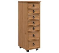 Armoire roulante avec tiroirs marron miel | 5 petits tiroirs, 2 grands compartiments, pin massif, roulettes d'angle, poignées en métal noir